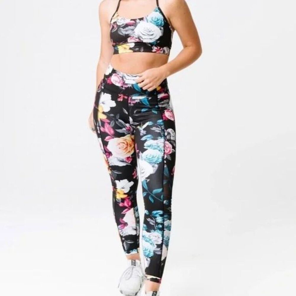 ZYIA Dark Floral Mesh High Rise Leggings Size 4